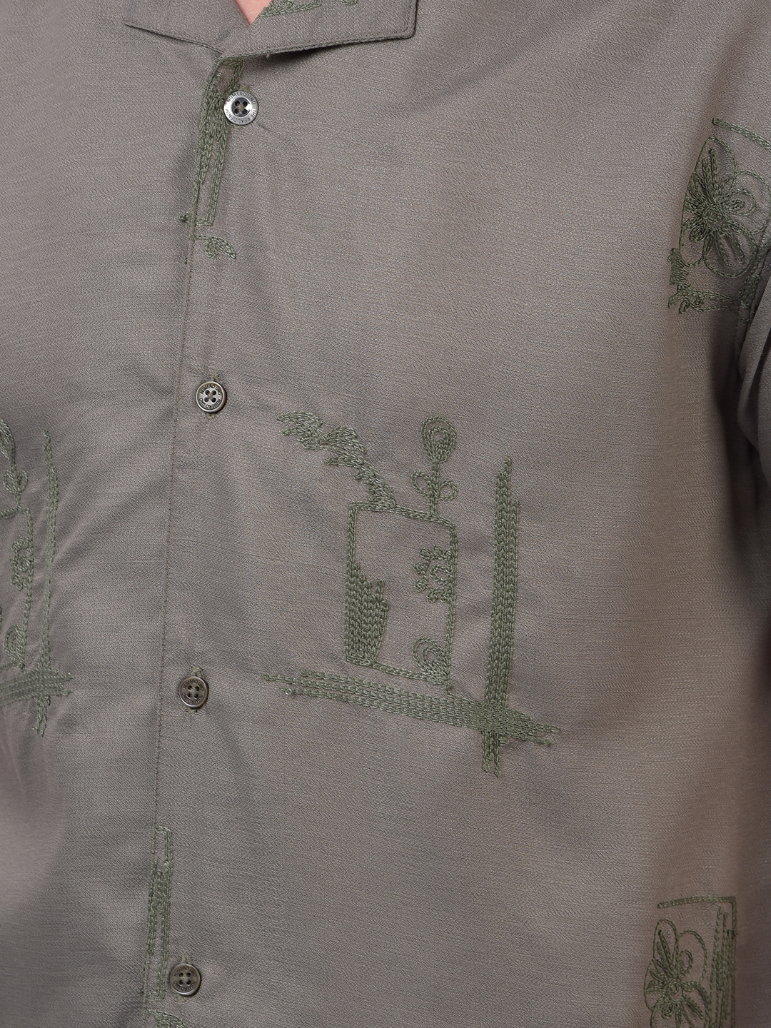 Numero Uno Men Olive Green Embroidered Resort Collar Shirt